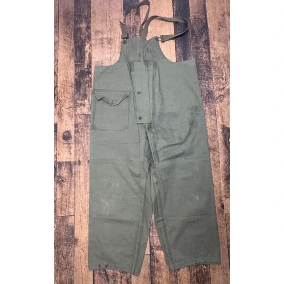 Vintage US Navy Bib Overalls‎ Pants Dungarees Olive Green Cotton Talon Zipper L